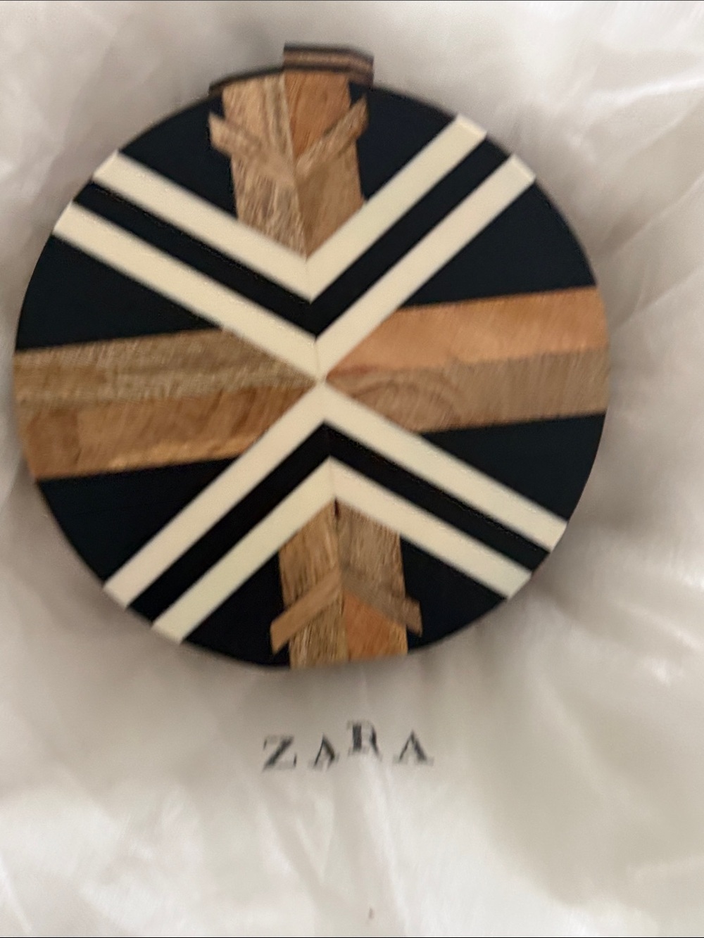 ZARA Black, White and Wood Round Geometric Crossbody Bag - Picture 7 of 10